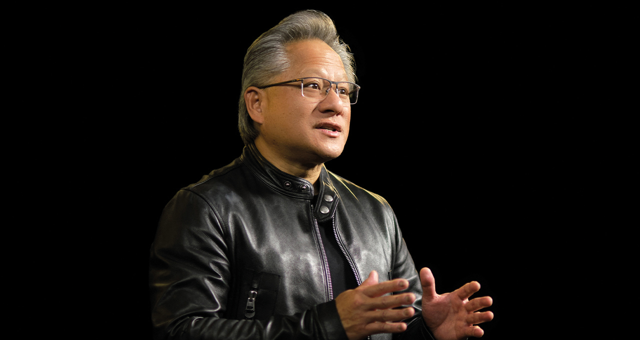 Image of Jensen Huang, CEO of NVIDIA, in a black leather jacket.